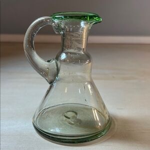 Clear Glass Pitcher with Green Rim Hand Blown 4.5 inches